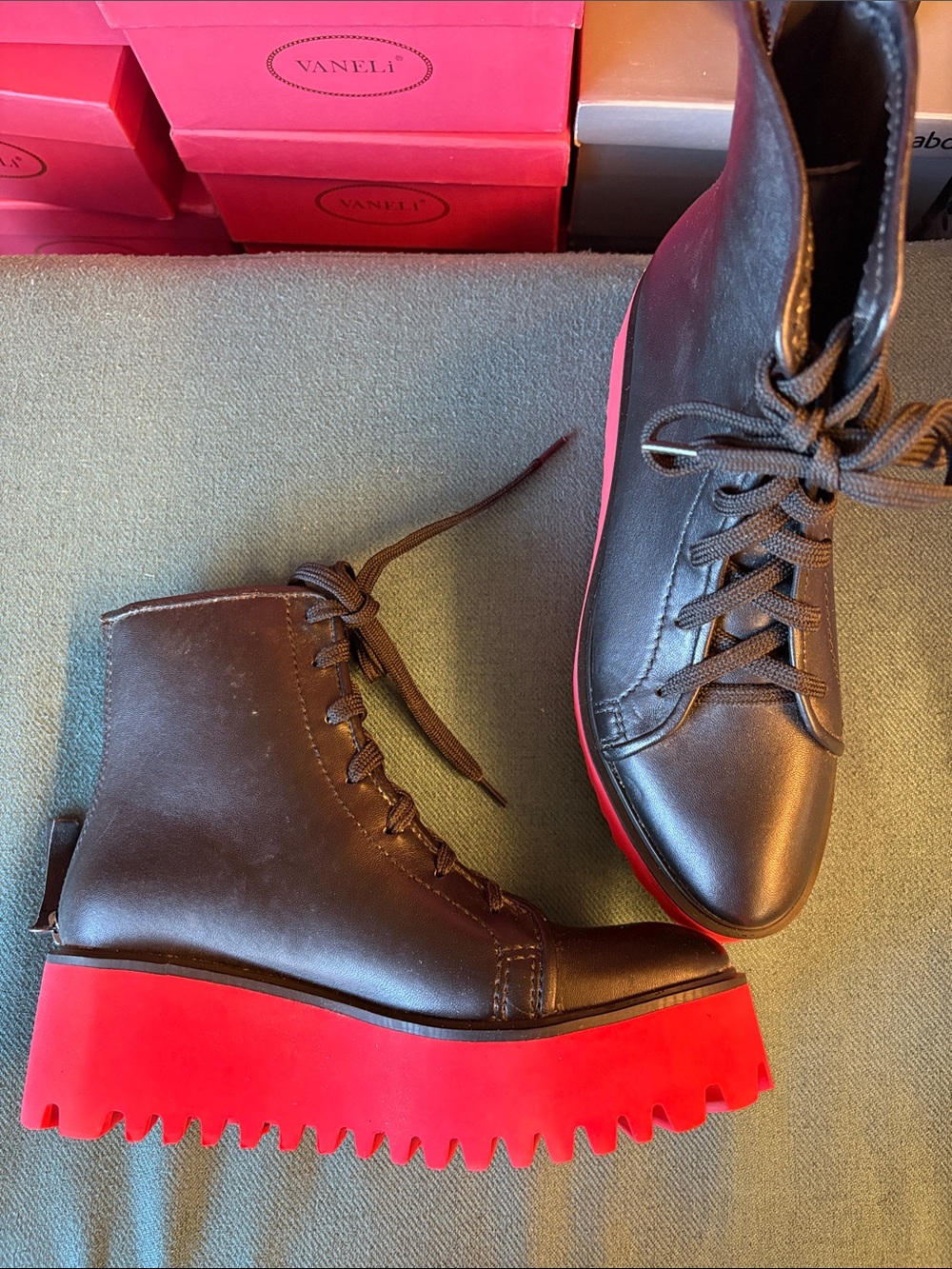 Vaneli Black Leather Lace-Up Boots with Red Platform Sole